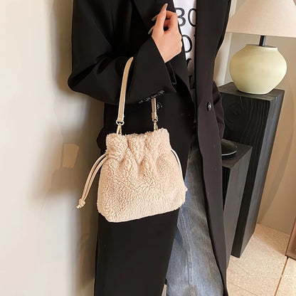 Fashionable Mini Plush Crossbody Bag Drawstring - Soft Fuzzy Bucket Women - Soft