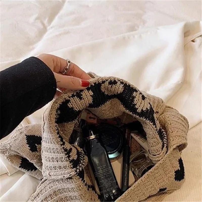 Knitted Love Pattern Tote Bag Stylish Woven Handbag Shoulder Bag Women Party Work