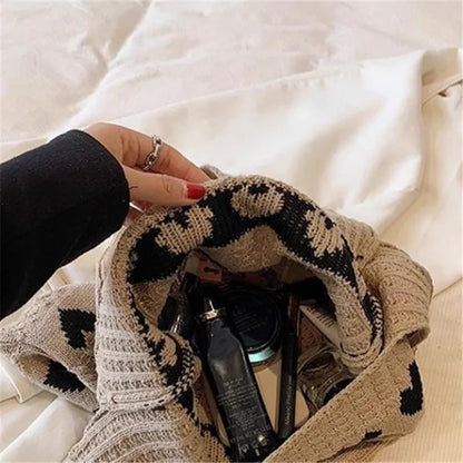Knitted Love Pattern Tote Bag Stylish Woven Handbag Shoulder Bag Women Party Work