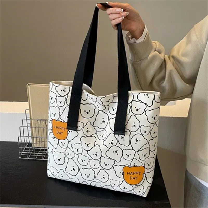 Bear Print Canvas Tote Bag – Cute Cartoon Shoulder Bag for Women