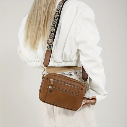 Stylish Wide Shoulder Strap Leather Crossbody Bag States Color Matching Zipper Small Square Suitable