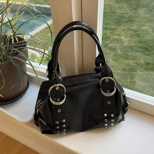 Y2K Rivet Shoulder Bag Women – PU Leather Large Capacity Handbag