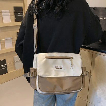 Small Fresh Canvas Color Blocked Postman Bag Large Capacity Campus Student Trendy Work Commuter