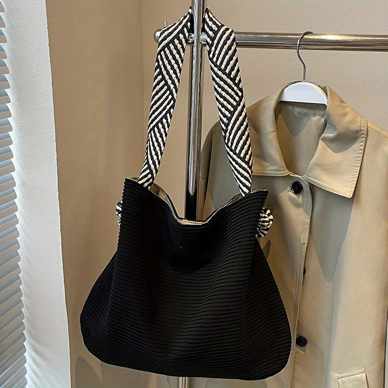 Women's Corduroy Tote Bag – Casual Shoulder Handbag with Striped Handles