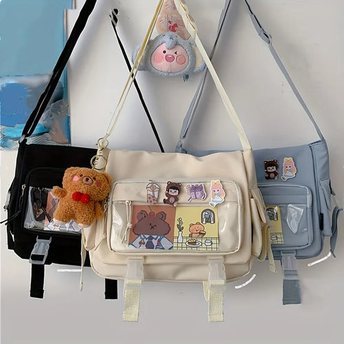 Kawaii Nylon Crossbody Bag Clear Pocket Front Shoulder Bag Student Flap Messenger Bag
