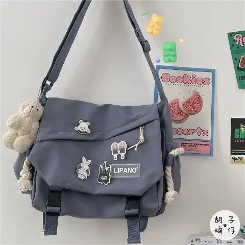 Kawaii Pins Decor Messenger Bag Release Buckle Decor Flap Crossbody Bag Large Capacity School Bag
