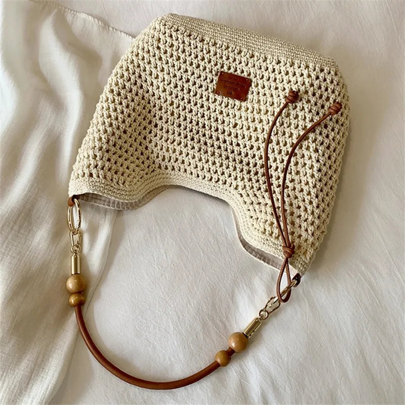 Woven Beach Bag – Women's Knit Shoulder Bag with Leather Strap