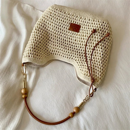 Woven Beach Bag – Women's Knit Shoulder Bag with Leather Strap