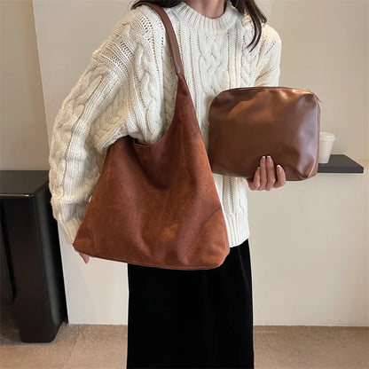 Faux Suede Tote Bag with Makeup Pouch – Large Capacity Women's Shoulder Bag