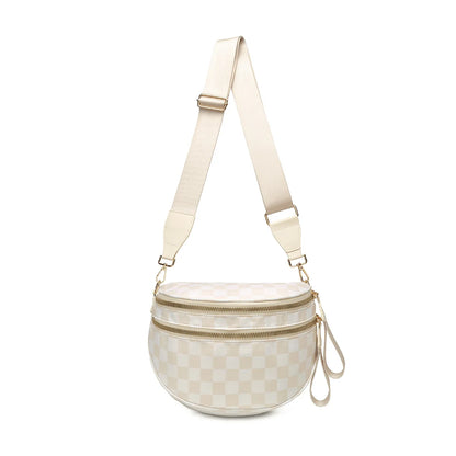 Checkered Saddle Crossbody Bag – Dual Zipper Shoulder & Waist Pack for Women