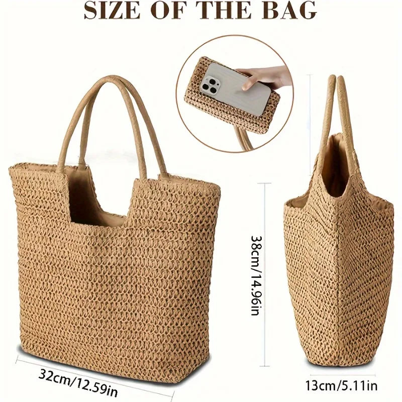 Handwoven Straw Beach Tote Bag for Women – Summer Shoulder Handbag