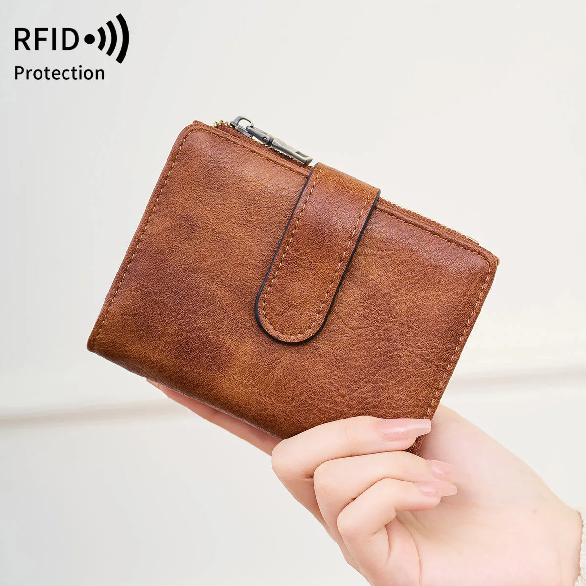 Rfid Anti-Theft Brush Women S Purse Multi-Card Simple Three-Fold Retro Short Clasp