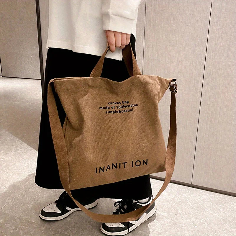 Retro Letter Print Tote Bag Trendy Canvas Crossbody Bag Literary Shoulder Bag School Work Travel
