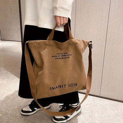 Retro Letter Print Tote Bag Trendy Canvas Crossbody Bag Literary Shoulder Bag School Work Travel