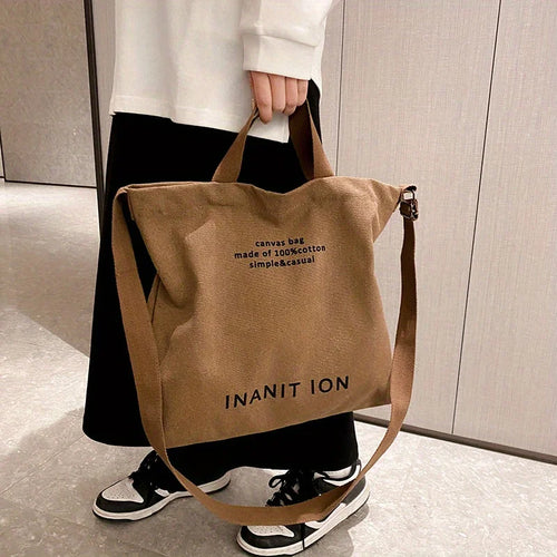 Retro Letter Print Tote Bag Trendy Canvas Crossbody Bag Literary Shoulder Bag School Work Travel