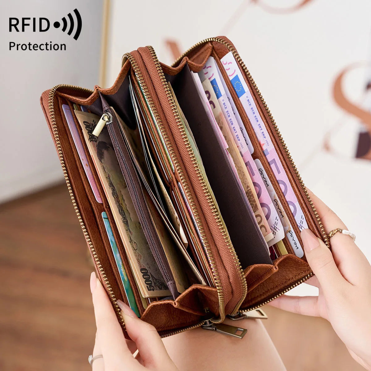 Rfid Men S Business Wallet Double Zipper Long Retro Large Capacity Women Hand