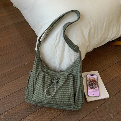 Plaid Drawstring Crossbody Bag – Large Capacity Shoulder Tote