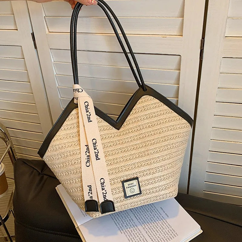 Stylish Straw Leather Tote Bag Ribbon Detail Spacious Perfect Handbag Shoulder Bags Summer Beach