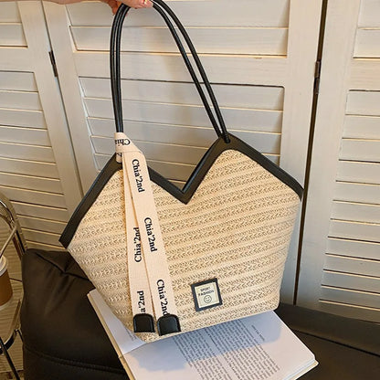 Stylish Straw Leather Tote Bag Ribbon Detail Spacious Perfect Handbag Shoulder Bags Summer Beach