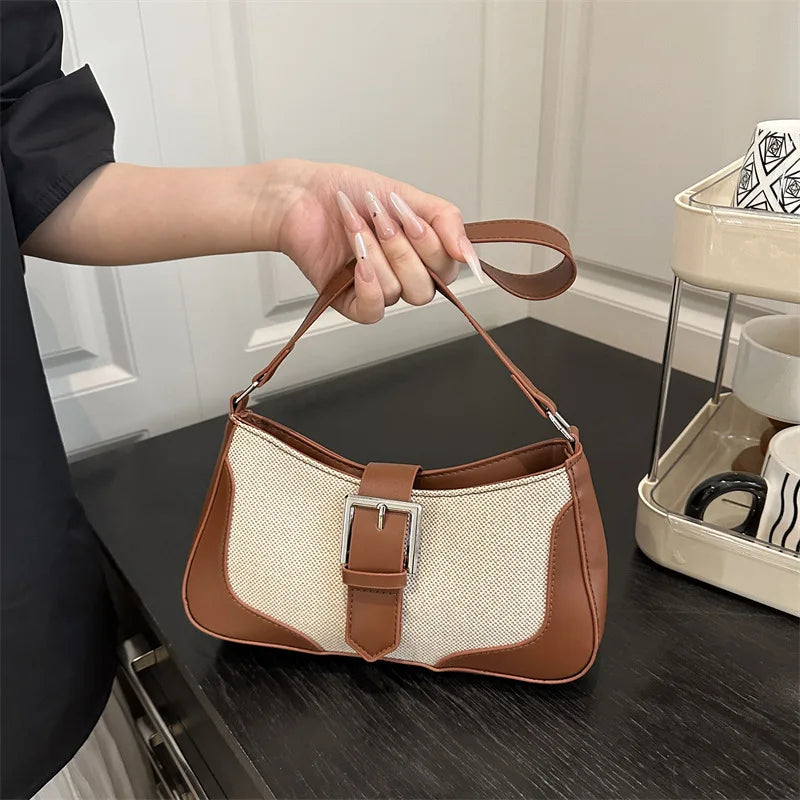 Retro Woven Canvas Baguette Bag – Buckle Underarm Shoulder Purse