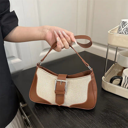 Retro Woven Canvas Baguette Bag – Buckle Underarm Shoulder Purse