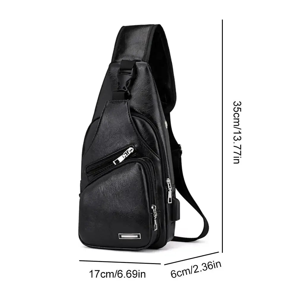 Simple Fashionable Casual Solid Color Pu Multifunctional Usb Charging Zipper Men S Chest Bag