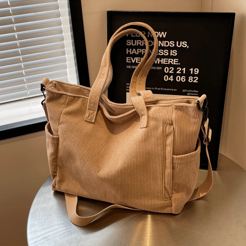 Women Corduroy Tote Bag Casual Multi Pocket Handbag Adjustable Strap Crossbody Sling Bag Zipper Shoulder Bag Fall Winter Bag