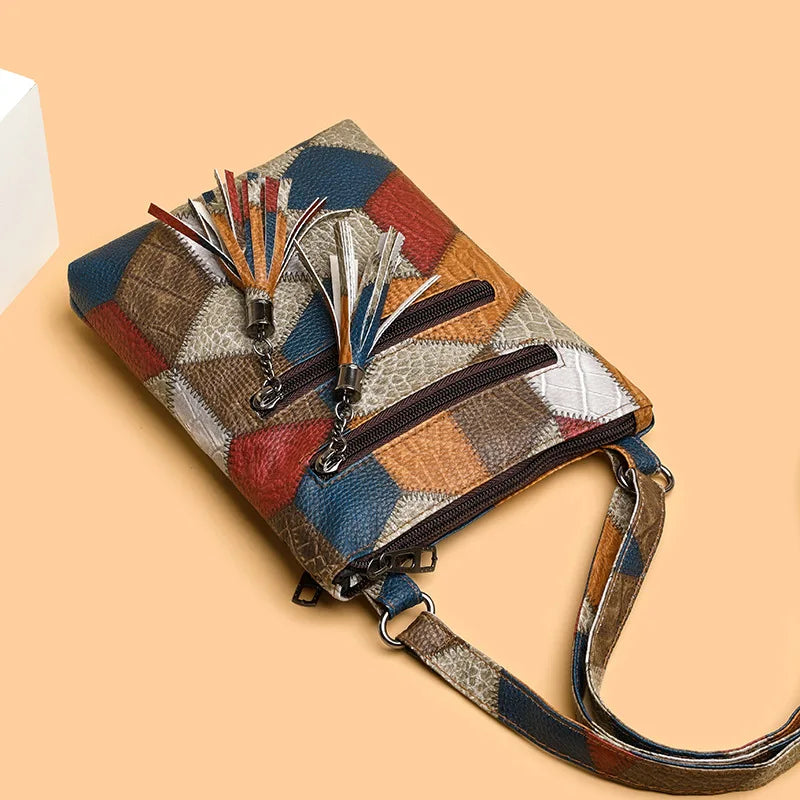 Retro PU Leather Crossbody Bag – Color Block Plaid & Tassel