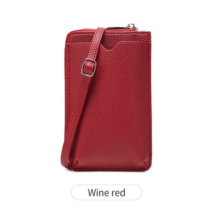 Litchi Pattern Soft Leather Vertical Mobile Phone Bag Ladies Shoulder Crossbody Multi-Card Storage