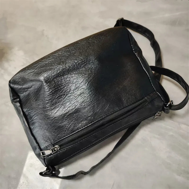 Multi-Zipper Leather Crossbody Shoulder Bag with Inner Pockets