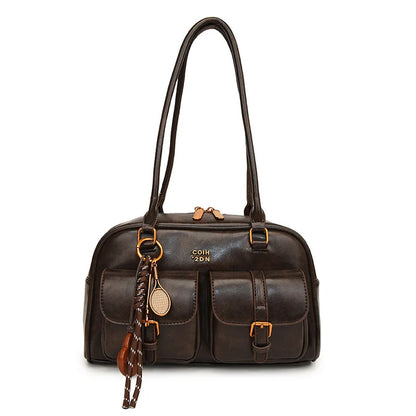 Women's Multi-Pocket Shoulder Bag with Gold-Tone Hardware