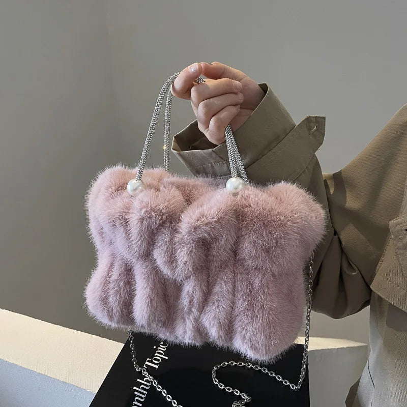 Faux Fur Crossbody Bag with Pearl Chain Strap