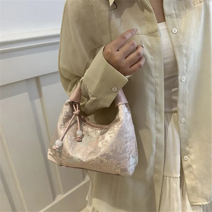 Satin Floral Shoulder Bag Chinese-Inspired Crossbody Handbag
