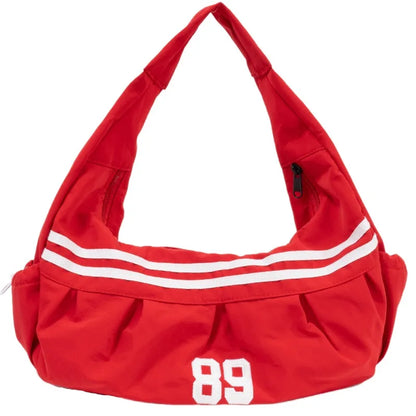 Sporty Nylon Shoulder Bag – Retro Stripe Number 89 Hobo Tote for Women
