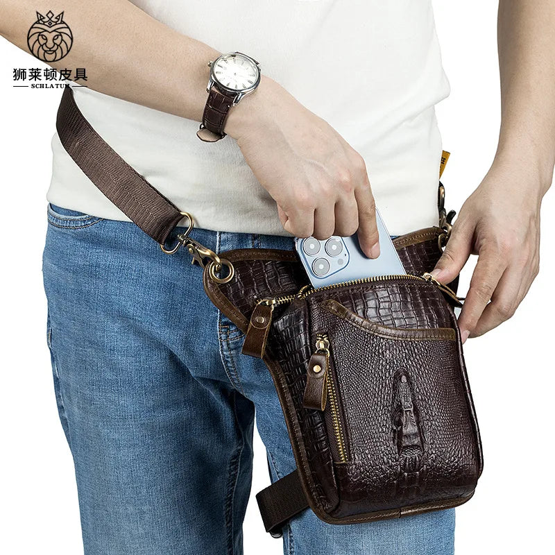 Cowhide Men S Motorcycle Leg Bag Retro Crocodile Pattern Real Leather Motorcycle Riding Waist Strap