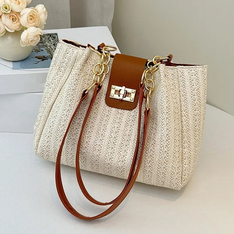 Straw Woven Tote Bag with Chain Leather Strap for Women