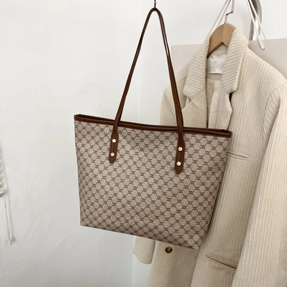 Luxury Vintage Women Shoulder Bag Monogram Print Rivet Pu Leather Tote Large Capacity Zipper Handbag