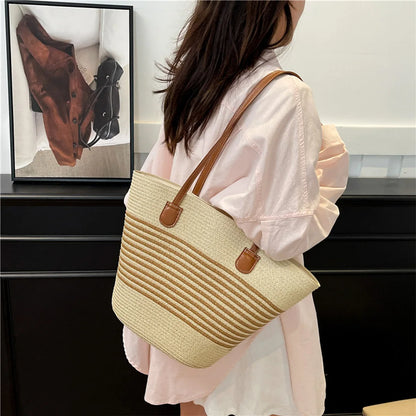 Spring Summer Casual Shoulder Bag Beach Vacation Tote Straw Woven Large Capacity Handbag Play Travel