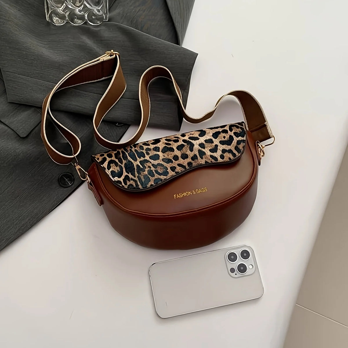 Leopard Print Crossbody Bag – Vintage Small Saddle Shoulder Bag for Women