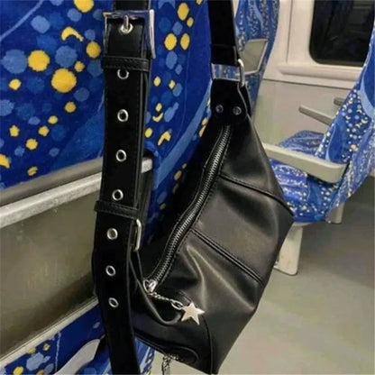 Y2K Star Charm Black Leather Hobo Shoulder Bag