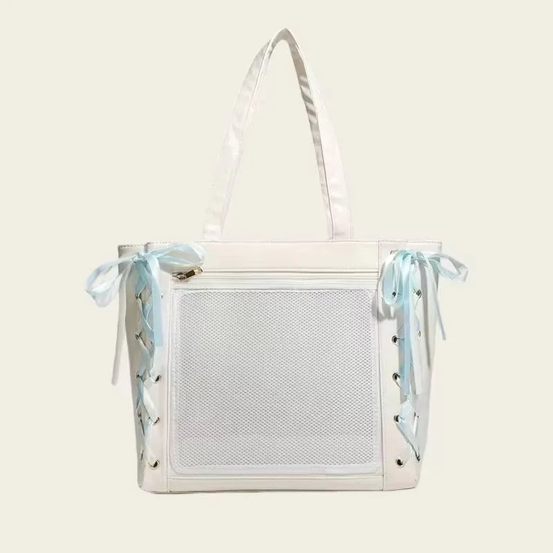 Japanese Sweet Women Ribbon Ita Bag Cute Lolita Girl Transparent Handbags Large Capacity Tote