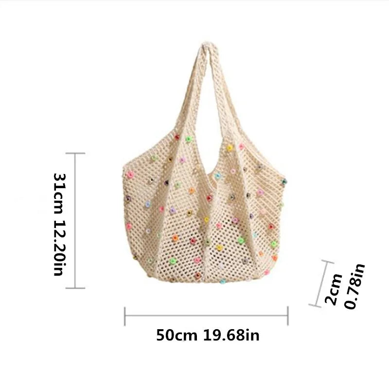 Summer Commuting Woven Bag Women Single Armpit Large Capacity Tote Bag Beach Pearl Hollow Handbag