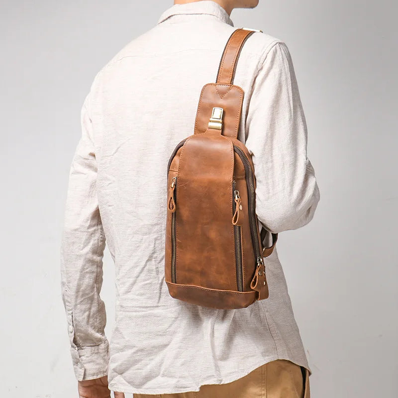 Retro Men S Genuine Leather Chest Bag Crazy Horse Leather Sports Crossbody Backpack