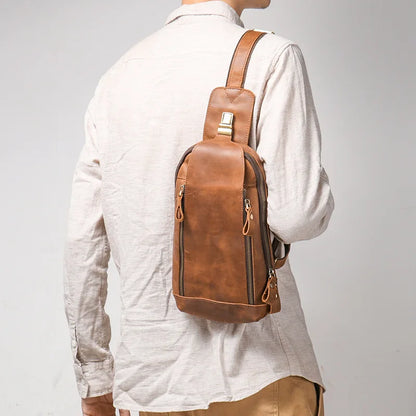 Retro Men S Genuine Leather Chest Bag Crazy Horse Leather Sports Crossbody Backpack