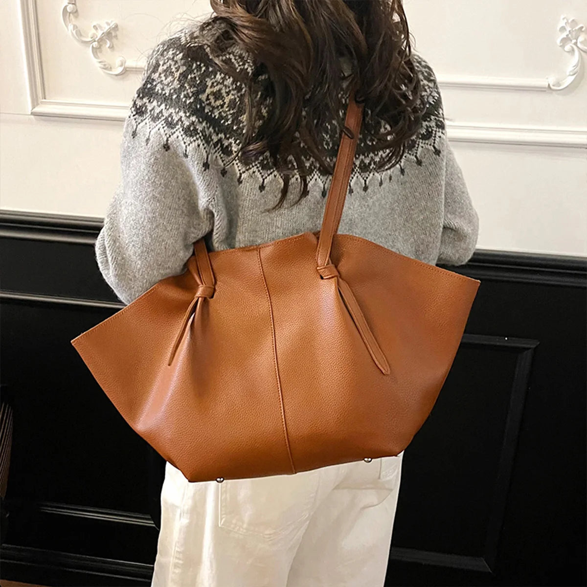 Retro Minimalist Women Shoulder Bag Pouch Soft Pu Leather Tote Large Capacity Handbag Daily Commute