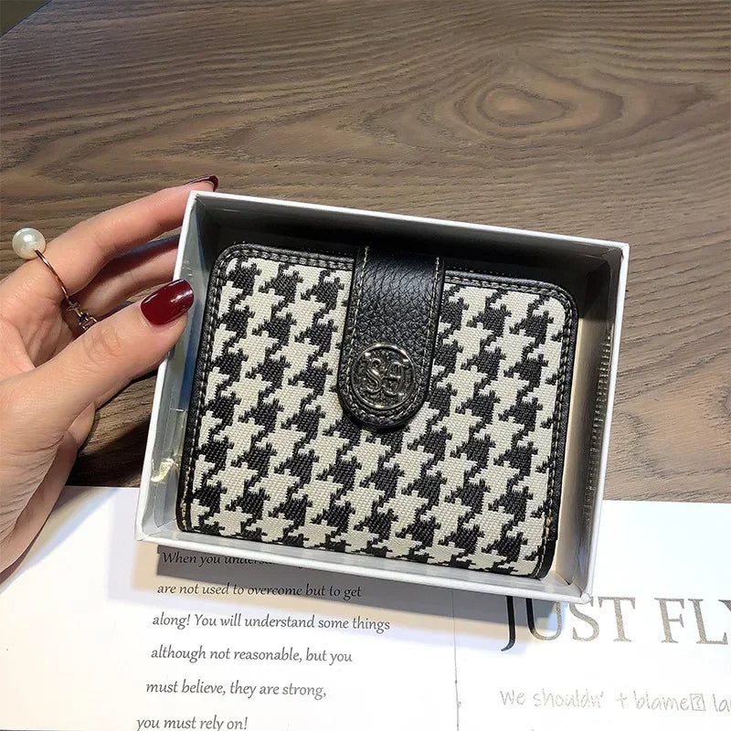 Purse Women Short Leather Niche Design Thousand Bird Lattice Lady Folding Organ Card Documents Clip