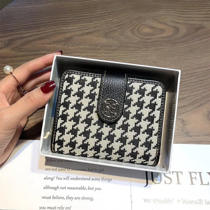 Purse Women Short Leather Niche Design Thousand Bird Lattice Lady Folding Organ Card Documents Clip