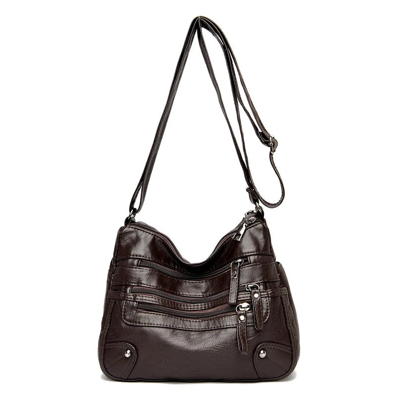 Soft Vegan Leather Crossbody Bag with Multi-Zipper Pockets