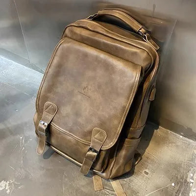 Pu Leather Flip-Top Large-Capacity 15-Inch Computer Backpack Multiple Pockets Men