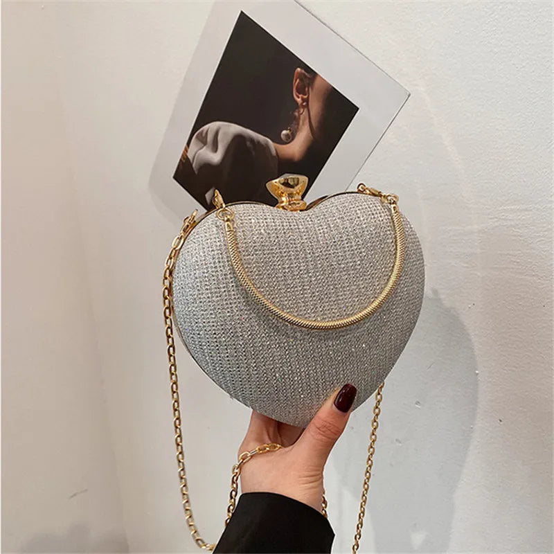 Heart Shaped Evening Bag for Women – Glitter Clutch Purse with Chain